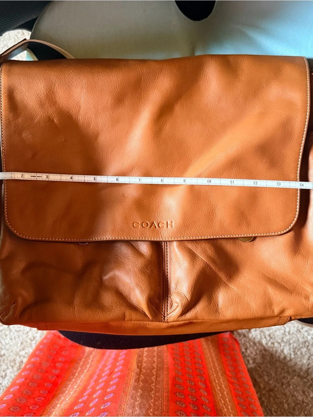 COACH Cognac Leather Messenger Bag with Navy-Striped Strap